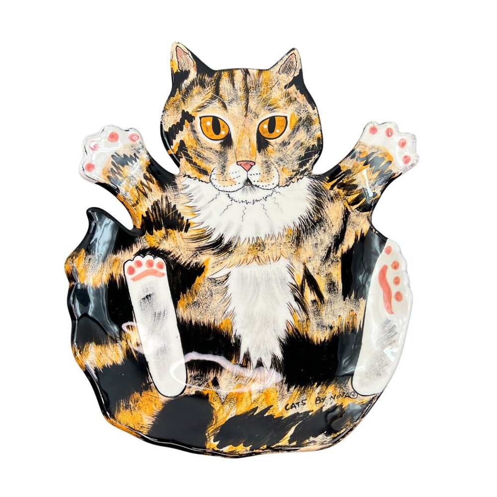 Cats by Nina Lyman Ceramic Cat Shaped Plate Platter Orange Black Calico